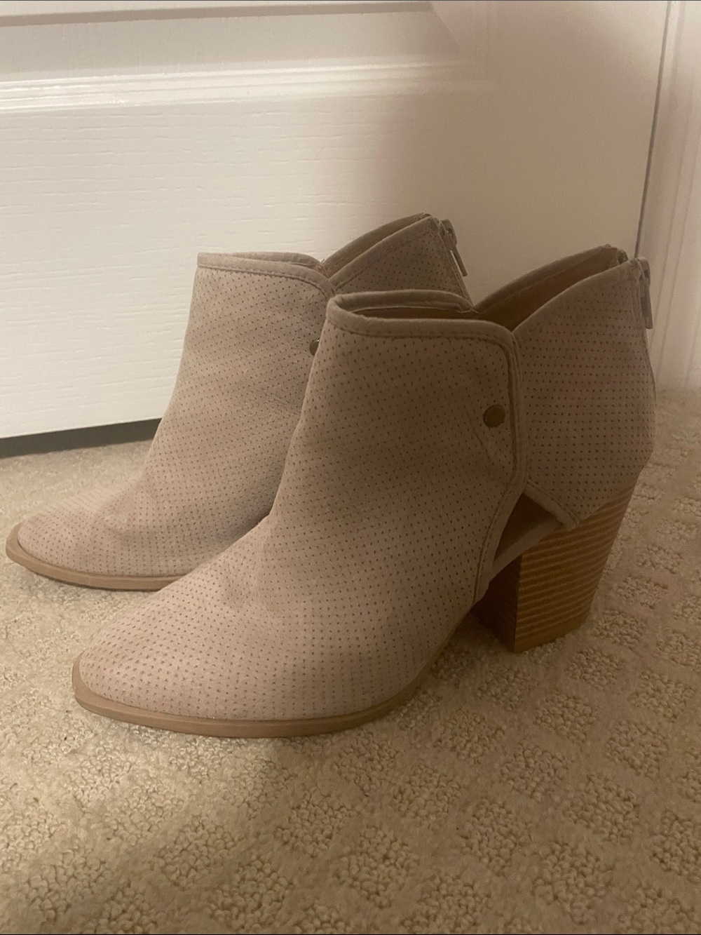 Qupid Taupe Suede Perforated Block Heel Ankle Booties